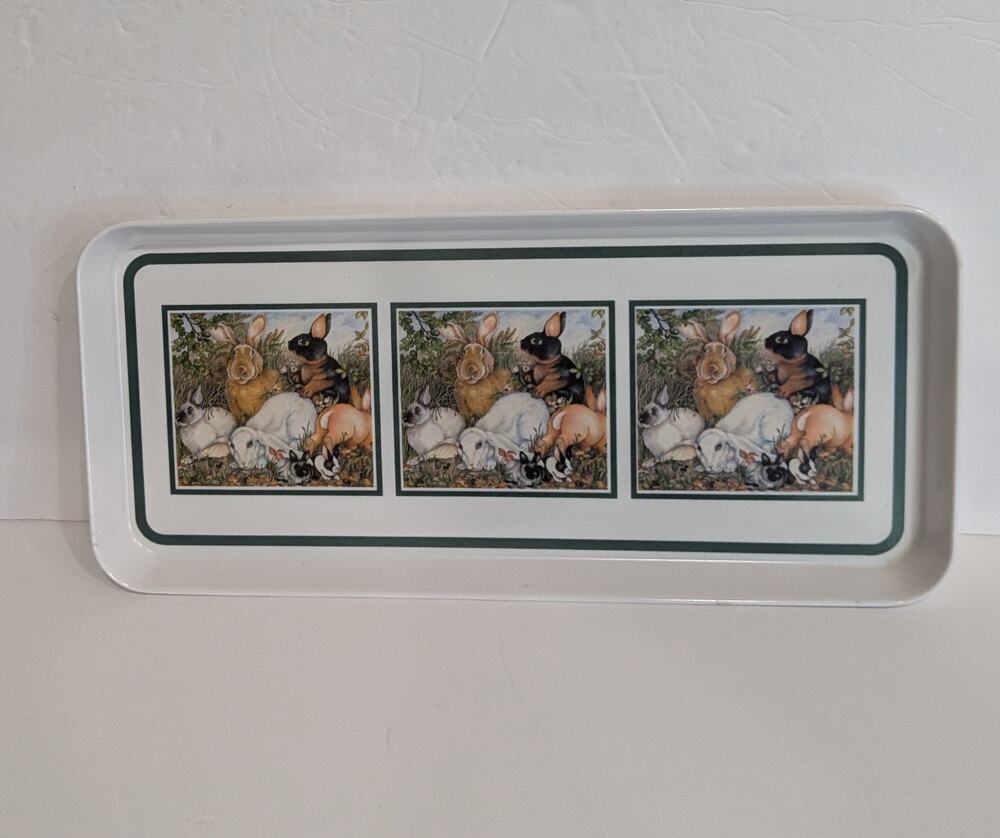 Vintage Pimpernel Bunny Rabbit Melamine Long Serving Tray Made in USA Cottagecor